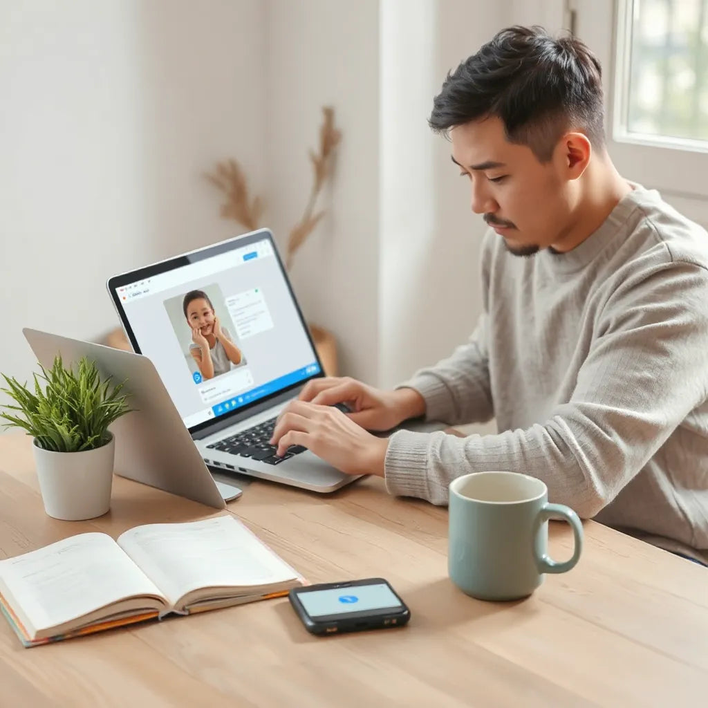 Szülő otthon laptopon és telefonon keresztül biztonságos online közösségi kapcsolódást használ