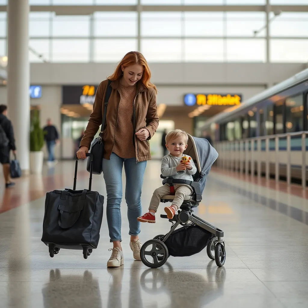 Szülő és kisgyerek állomáson, tolós babakocsival és kézipoggyásszal, nyugodt indulás